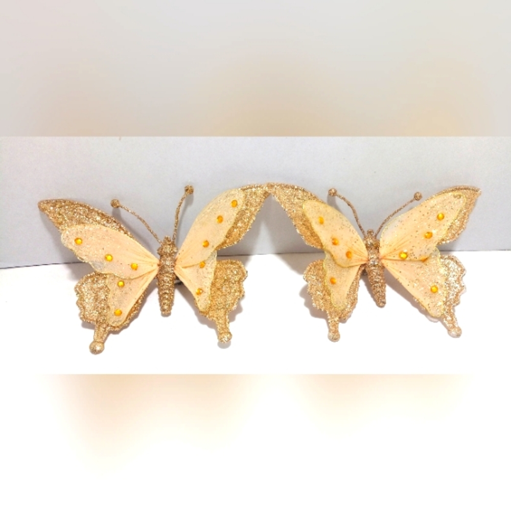Butterfly Christmas Clip On Ornament Set of 2 Home Decor Gold Glitter